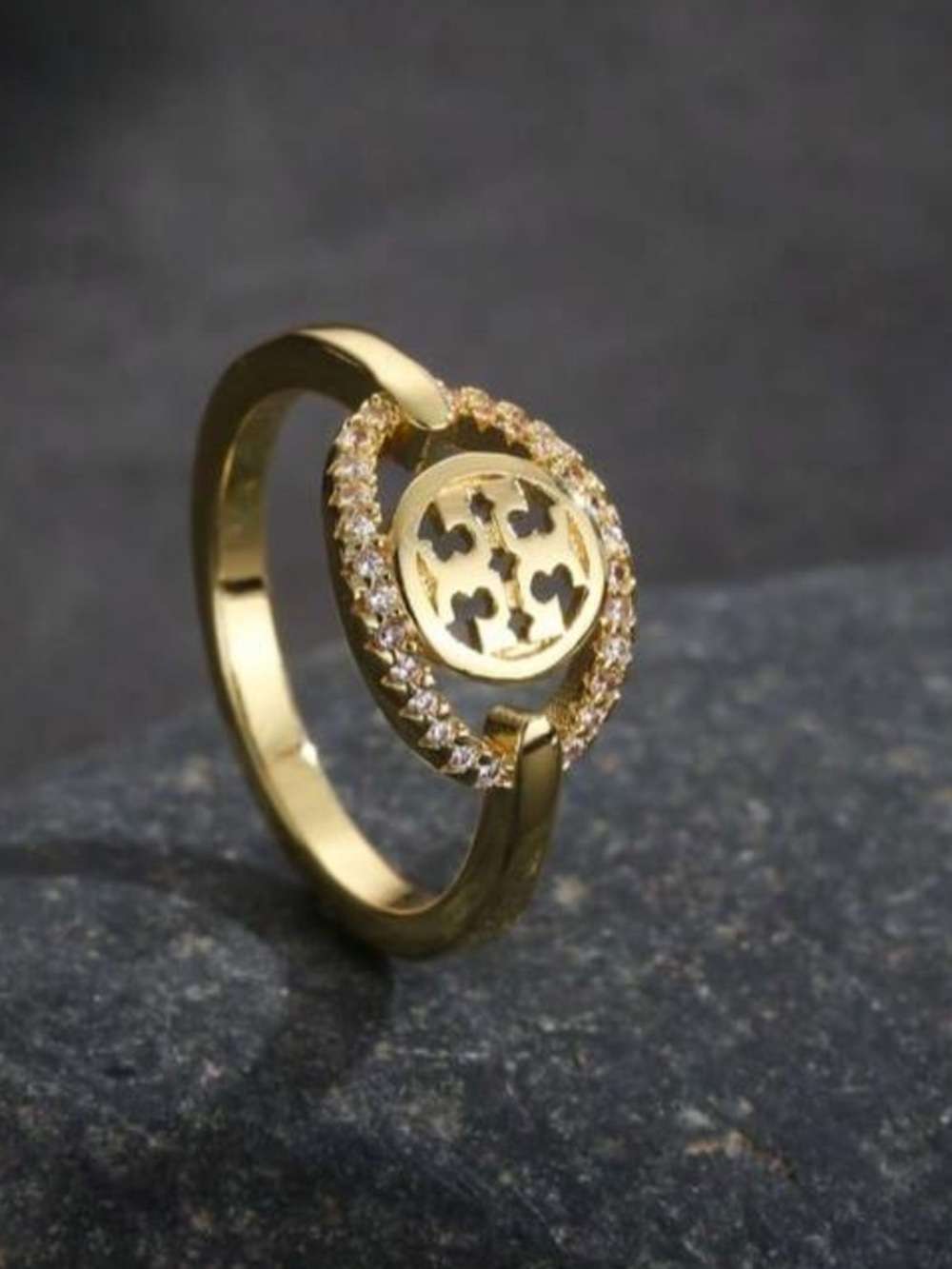 Tory Burch Gold Crystal-Embellished Logo Ring